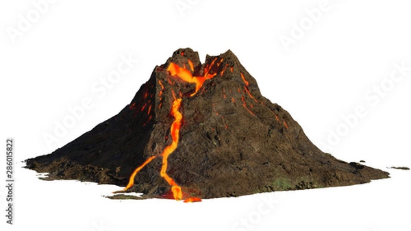 Obraz wybuch wulkanu, lawa schodząca z góry, na białym tle
