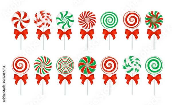 Obraz Vector candy canes with a red bow. Large set of red and green candy without wrapper on white.
