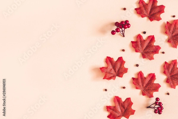Fototapeta Autumn composition. Red maple leaves on beige background. Autumn, fall, thanksgiving day concept. Flat lay, top view, copy space