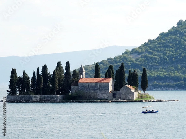 Fototapeta St. George island in Perast in Montenegro, Perast is a small town that features one street just near the sea in the Bay of Kotor near Kotor city.