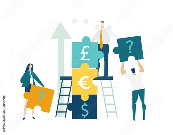 Fototapeta Group of young business people working together with puzzles as symbol of collaborating, solving problems, thinking about creative idea, brainstorming and teamwork concept. Flat style illustration.