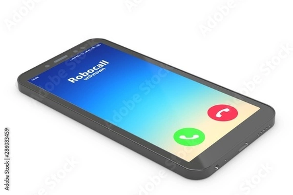 Fototapeta 3d illustration: mobile phone with robot calling.   The machine calls customers with annoying ads, dials the phone number randomly. Spambot, robocalls concept.