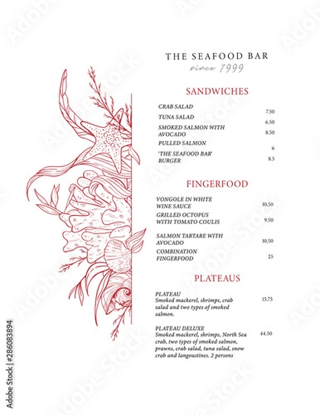 Fototapeta Sea food menu for a fish restaurant. Menu template. Vector design menu with marine elements: algae, shells, seahorse, corals.