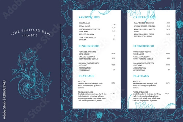 Fototapeta Blue menu template for a fish restaurant. Seafood. Vector design menu with marine elements: algae, shells, seahorse, corals.