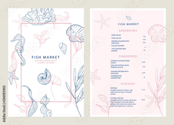 Fototapeta Food brochure for a fish restaurant. Seafood. Menu template. Vector design menu with marine elements: algae, shells, seahorse, corals.