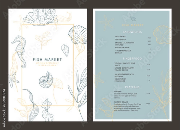 Fototapeta Food brochure for a fish restaurant. Seafood. Menu template. Vector design menu with marine elements: algae, shells, seahorse, corals.