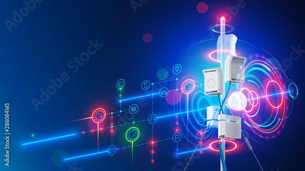 Fototapeta 5g mobile internet communication tower of cellular network. Wireless broadband antenna transmissions telecommunication signal. Aerial mast of digital connection broadcasting data on portable devices.