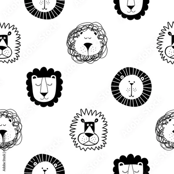 Fototapeta Roar Lion and cute lion pattern - funny vector character drawing seamless pattern. Lettering poster or t-shirt textile graphic design. / Cute lion character illustration. wallpaper, wrapping paper.
