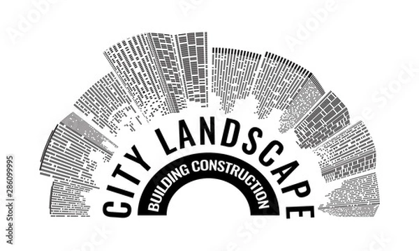 Fototapeta Abstract Futuristic City logo. Symbol of Cityscape buildings made up with dots, Sci-fi skyline architecture. Vector illustration.