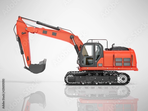 Fototapeta Road building red excavator on metal caterpillar track left side view 3d render on gray background with shadow