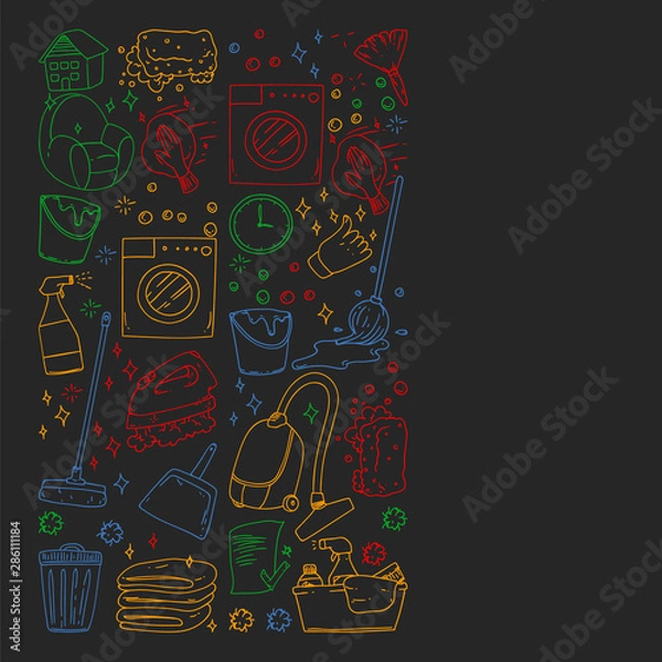 Fototapeta cleaning services company vector monochrome pattern on black background, drawing colorful chalk.