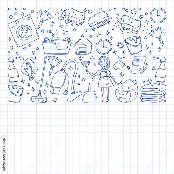 Fototapeta cleaning services company vector monochrome pattern on background, drawing blue pen .