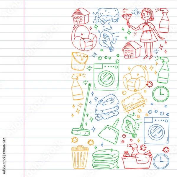 Fototapeta Cleaning services company vector pattern, drawing in exercise book.