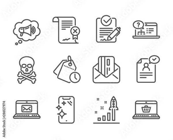 Fototapeta Set of Technology icons, such as Rfp, Smartphone clean, Online shopping, Reject certificate, Megaphone, E-mail, Credit card, Development plan, Chemical hazard, Resume document, Online help. Vector