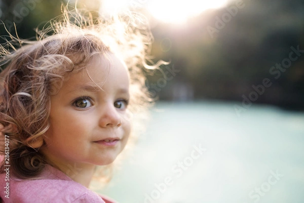 Fototapeta Close-up portrait of small girl standing in nature. Copy space.