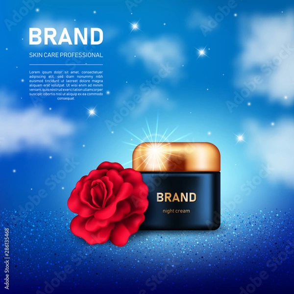 Fototapeta Realistic cream jar with golden lid and red rose on night sky background with clouds and stars. Cosmetic brand advertising concept design