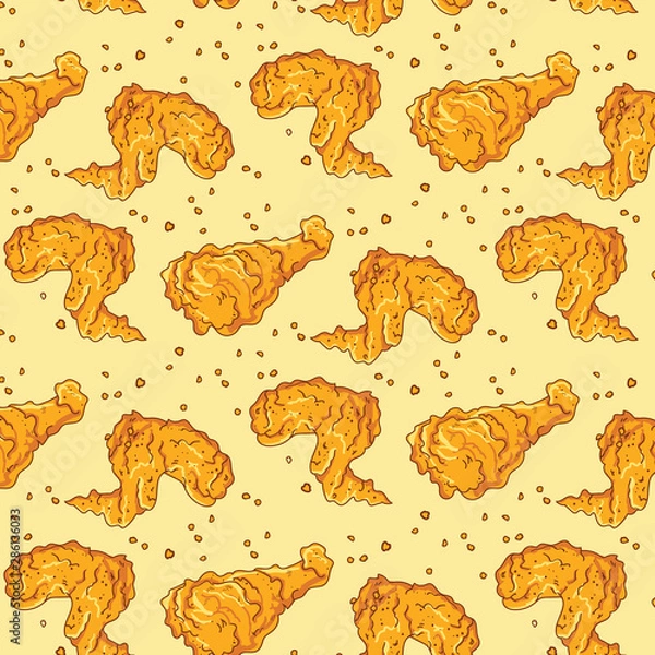 Fototapeta Chicken Fried Crispy Pattern. fast food background, Fried drumpstick and chicken wing background.