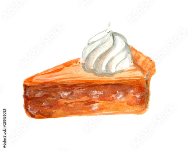 Fototapeta A piece of carrot cake with whipped cream painted with watercolors side view. Isolated on white background