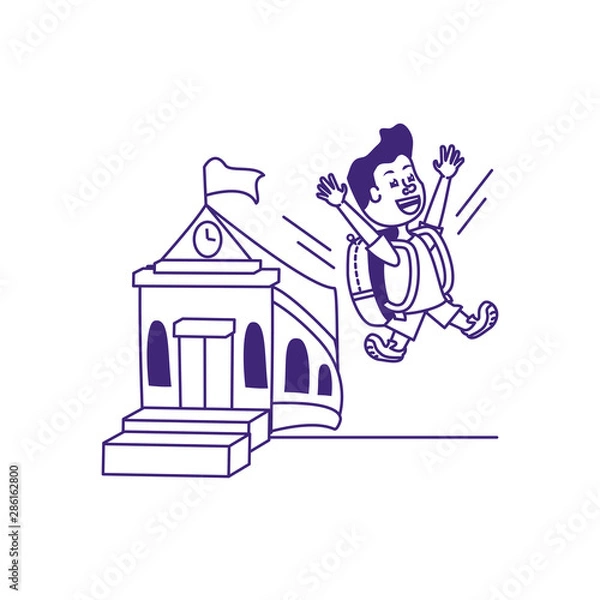 Fototapeta little student boy with school building