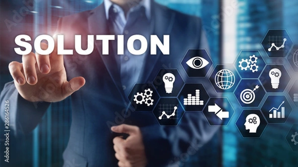 Fototapeta Business solutions, success and strategy concept. Structuring virtual diagram of business process with solutions.