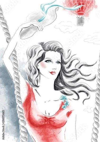 Fototapeta Woman with Hat and Airballoon