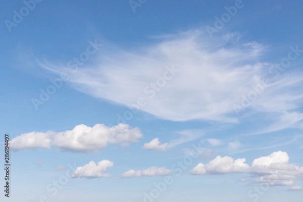 Fototapeta Blue sky with white clouds. In the sky you can see small fluffy white clouds. Feather clouds can also be seen. Sunny weather. Daytime weather. Background with free space and empty place.