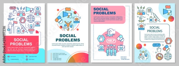 Fototapeta Social problems brochure template layout. Antisocial behavior, conflicts. Flyer, booklet, leaflet print design with linear illustrations. Vector page layouts for magazines, reports, advertising poster
