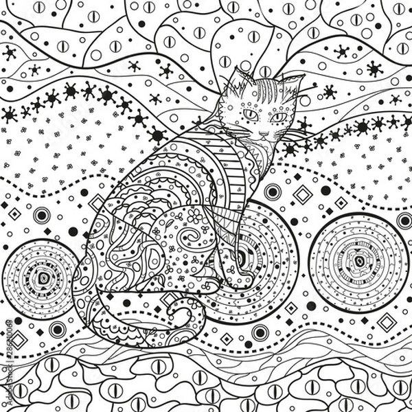 Fototapeta Ornate cat on pattern. Hand drawn abstract patterns on isolation background. Design for spiritual relaxation for adults. Black and white illustration for anti stress colouring page