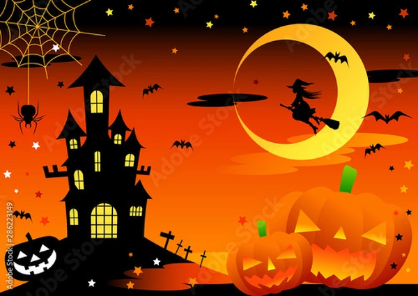 Obraz ハロウィン・お城と魔女とジャックオーランタンのイラスト