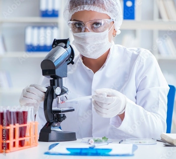 Fototapeta Female scientist researcher conducting an experiment in a labora