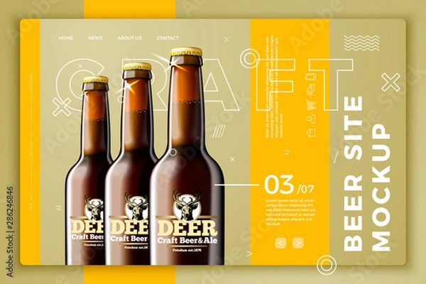Fototapeta Vector realistic 3d dark beer bottles on bright modern site template with typographic background. Mock-up for product package branding.