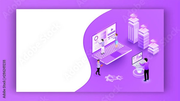 Fototapeta 3D isometric illustration of miniature people working on laptop with different programming server on purple background.