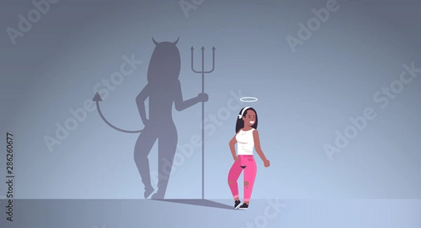 Fototapeta african american girl with nimbus choosing between good and evil shadow of devil imagination aspiration concept female cartoon character standing pose full length flat horizontal