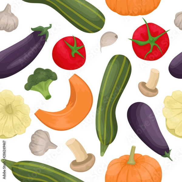 Fototapeta Seamless pattern with autumn vegetables, harvest. Flat vector background.