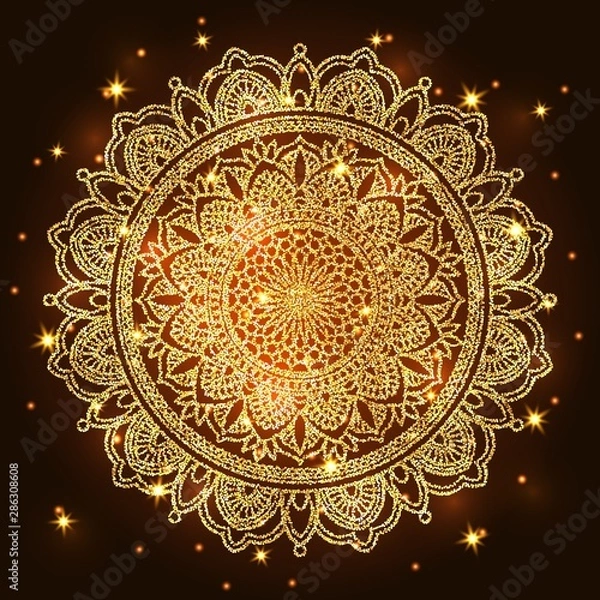 Fototapeta Abstract luxury glitter mandala on dark background with shine light. Ornament elegant invitation for wedding card. Gift invite with royal motif. Backdrop cover banner illustration vector design