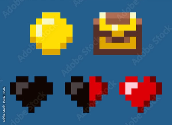Fototapeta Coin and chest awards, heart object on blue, lose life, squared symbols of pixel game in flat design style, adventure geometric sign set, find vector. Pixelated mobile app video-game