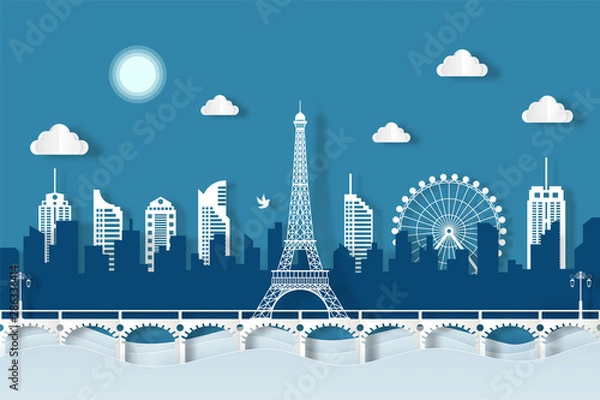 Fototapeta illustration eiffel tower landmarks of paris. paper cut style