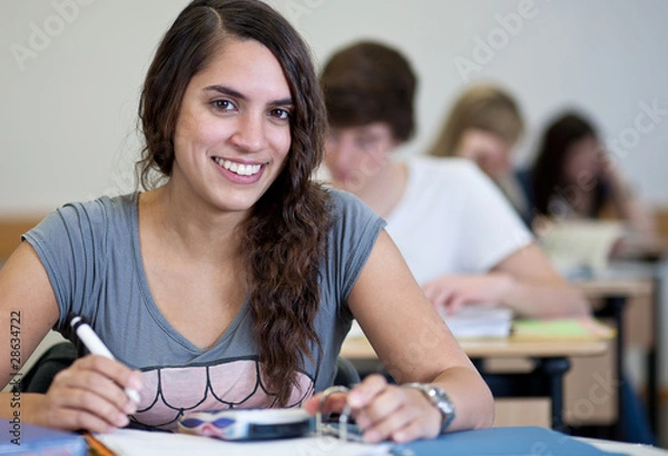 Fototapeta Student working on homework in classroom