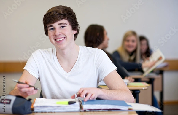 Fototapeta Student working on homework in classroom
