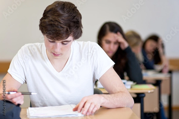 Fototapeta Student working on homework in classroom