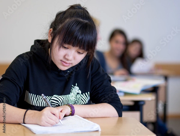Fototapeta Student working on homework in classroom