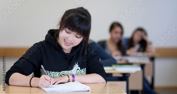 Fototapeta Happy Student has fun while working in classroom