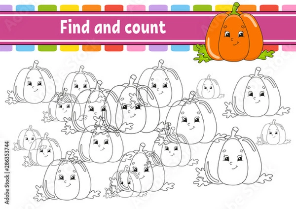 Fototapeta Find and count. Education developing worksheet. Activity page with pictures. Puzzle game for children. Logical thinking training. Isolated vector illustration. Funny character. Cartoon style.