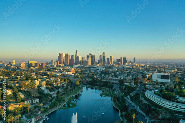 Fototapeta Echo Park and downtown of Los Angeles in the sunset