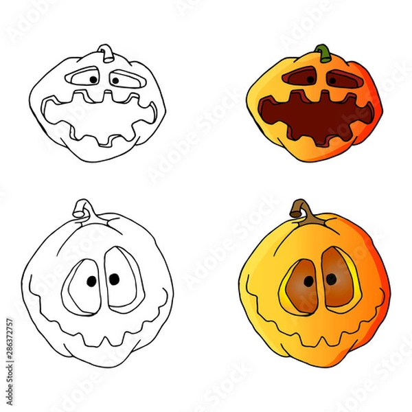 Fototapeta set of scary pumpkins for halloween. Handmade sketch on a white background