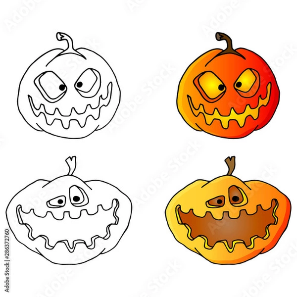 Fototapeta set of scary pumpkins for halloween. Handmade sketch on a white background