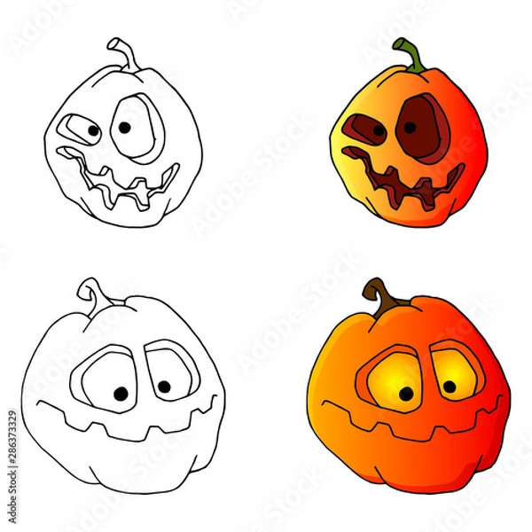 Fototapeta set of scary pumpkins for halloween. Handmade sketch on a white background