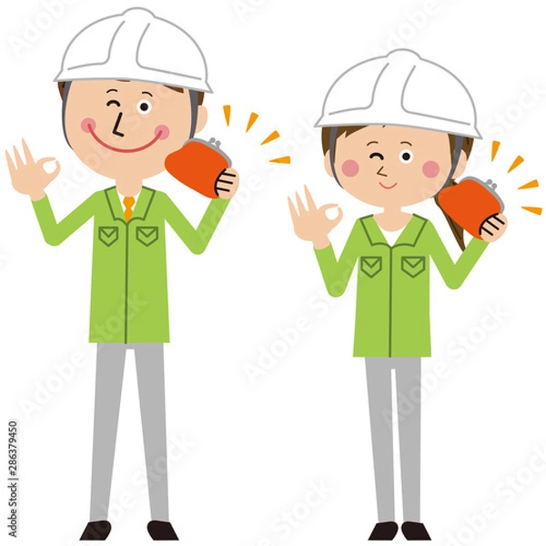 Fototapeta ポップな黄緑の制服の作業員　男女　財布を持つ