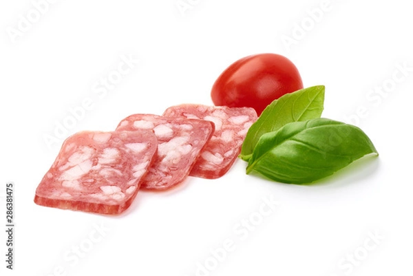 Obraz Sliced square salami, isolated on white background