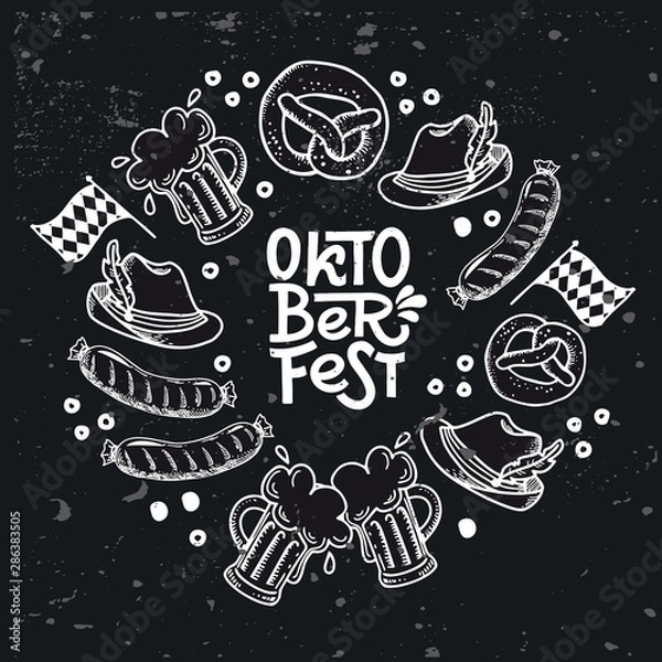 Fototapeta Set Oktoberfest hand drawn vector lettering. Phrase inside round frame drawing. Advertising inscription in  Border, beer mug, pretzel, sausage, Bavarian flag. Beer festival greeting card template.